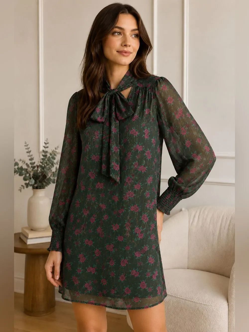 Modcloth Winter Blooming Roses Dress Tie Neck Shift Green Pink Floral S NWT